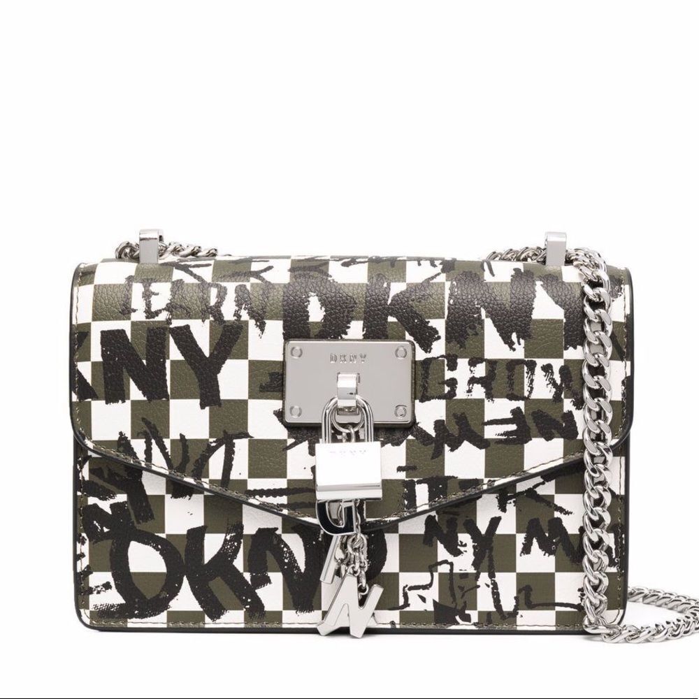 Nwot Dkny Check-Graffiti Shoulder Bag In Green Crossbody Bag